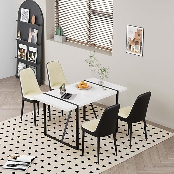 YYQ White Dining Table Set for 4, 55'' Wooden Kitchen Table and Chairs Set for 4