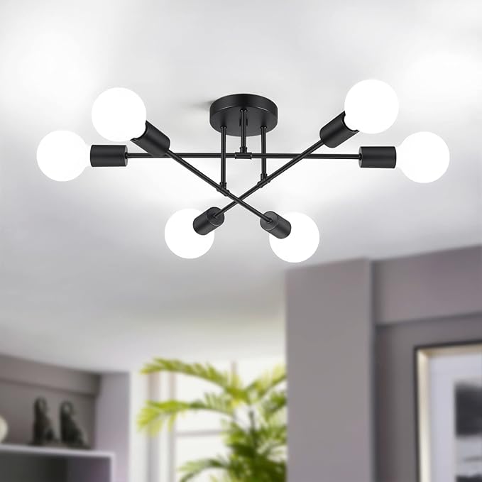 Modern Sputnik Chandelier 6-Light Industrial Ceiling Lights Fixture 22" Black Semi Flush Mount Ceiling Light