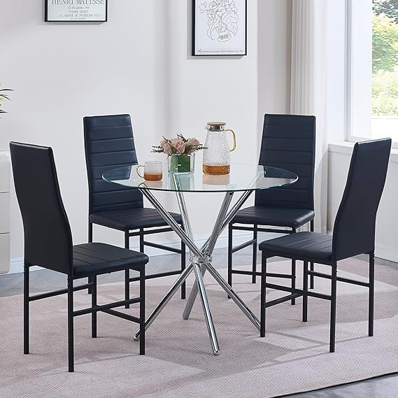 5 Pieces Round Glass Dining Room Set, Modern Round Dining Table with 4 Chairs